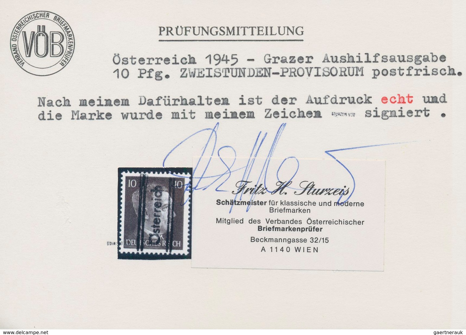 Österreich: 1945, GRAZER ZWEISTUNDEN-PROVISORIUM, 10 Pfg. Braun Mit Handstempelaufdruck, Postfrisch, - Sonstige & Ohne Zuordnung