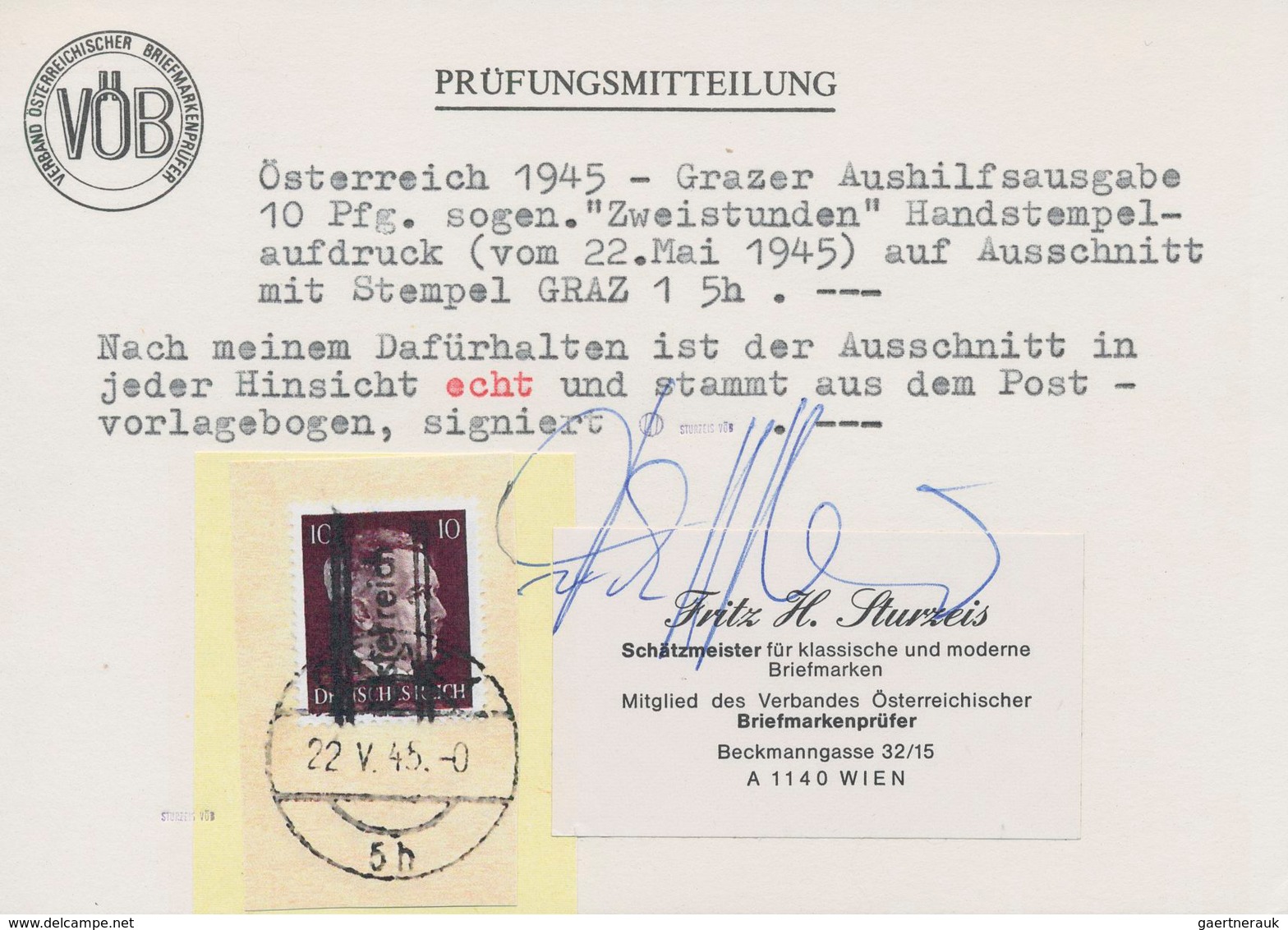 Österreich: 1945, GRAZER ZWEISTUNDEN-PROVISORIUM, 10 Pfg. Braun Mit Handstempelaufdruck Auf Briefstü - Sonstige & Ohne Zuordnung