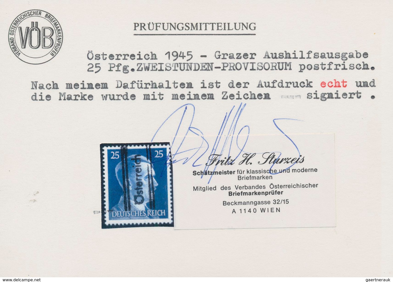 Österreich: 1945, GRAZER ZWEISTUNDEN-PROVISORIUM, 25 Pfg. Blau Mit Handstempelaufdruck, Postfrisch, - Autres & Non Classés