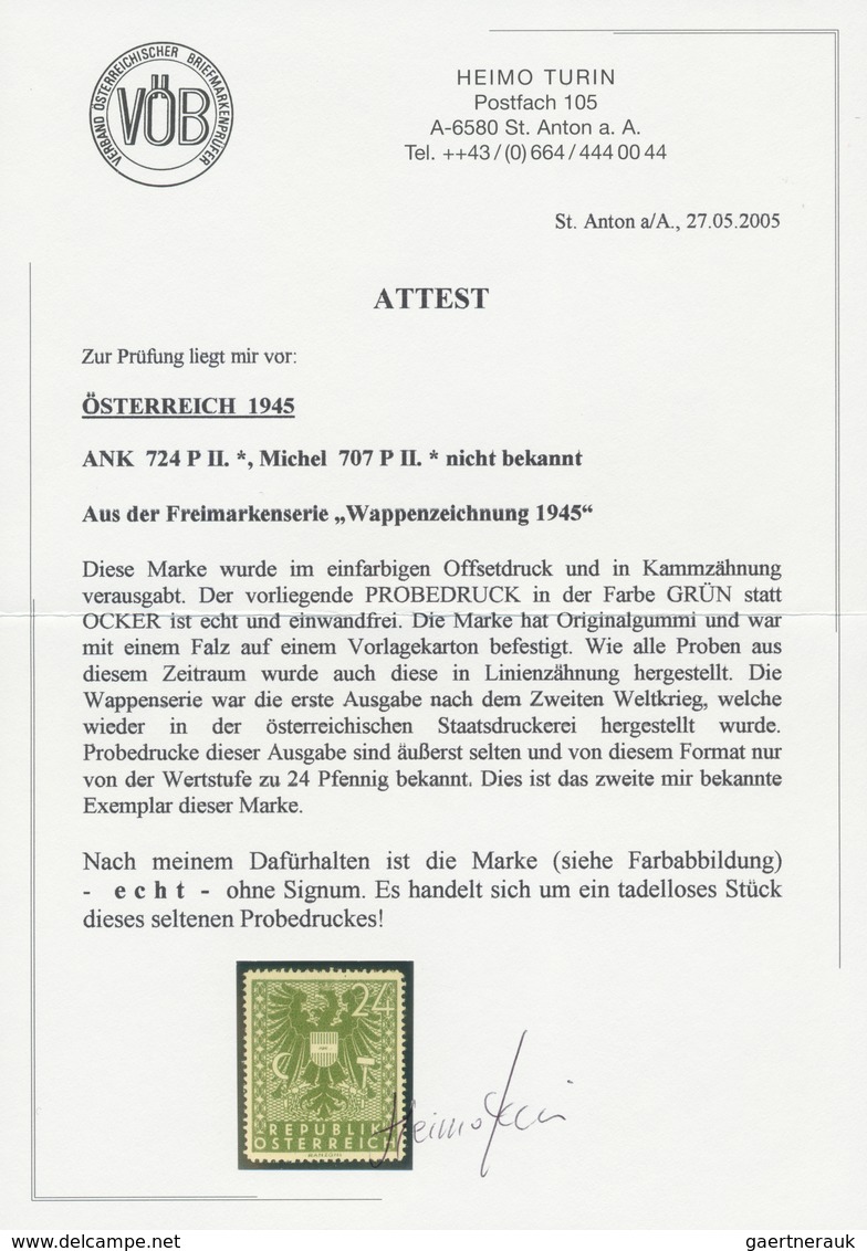 Österreich: 1945, Freimarken "Wappen, 24 Pfg. Als Probedruck In Grün Und In Linienzähnung, Auf Gummi - Sonstige & Ohne Zuordnung