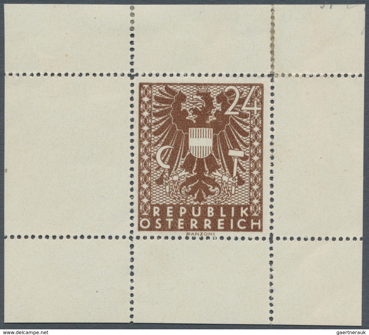 Österreich: 1945, Freimarken "Wappen, 24 Pfg. Als Probedruck In Braun, Gezähnter Einzelabzug Auf Gum - Other & Unclassified