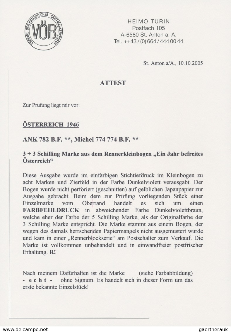 Österreich: 1946, Renner Geschnitten, 3 Sch. + 3 Sch. In Abweichender Farbe "DUNKELVIOLETTBRAUN" Sow - Sonstige & Ohne Zuordnung