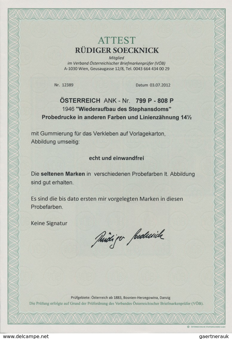 Österreich: 1946, Stephansdom, Komplette Serie Von Zehn Werten Je Als Probedruck In Abweichenden Far - Sonstige & Ohne Zuordnung