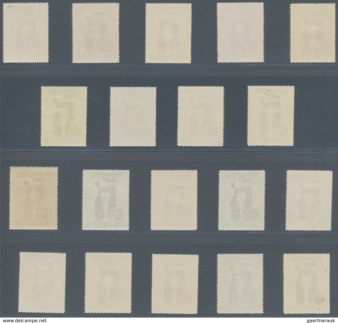 Österreich: 1947, 3 Gr. + 2 Gr. "Kunstausstellung", 19 verschiedene Farbproben in Linienzähnung 14½,