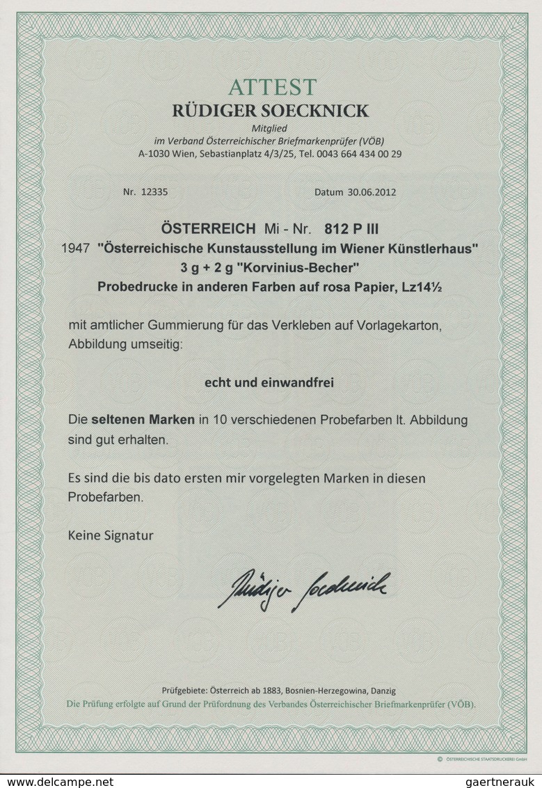 Österreich: 1947, 3 Gr. + 2 Gr. "Kunstausstellung", 19 (meist) verschiedene Farbproben in Linienzähn