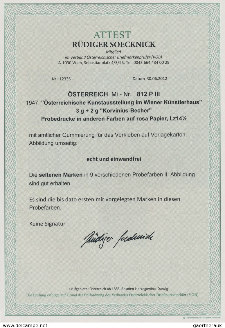 Österreich: 1947, 3 Gr. + 2 Gr. "Kunstausstellung", 19 (meist) verschiedene Farbproben in Linienzähn