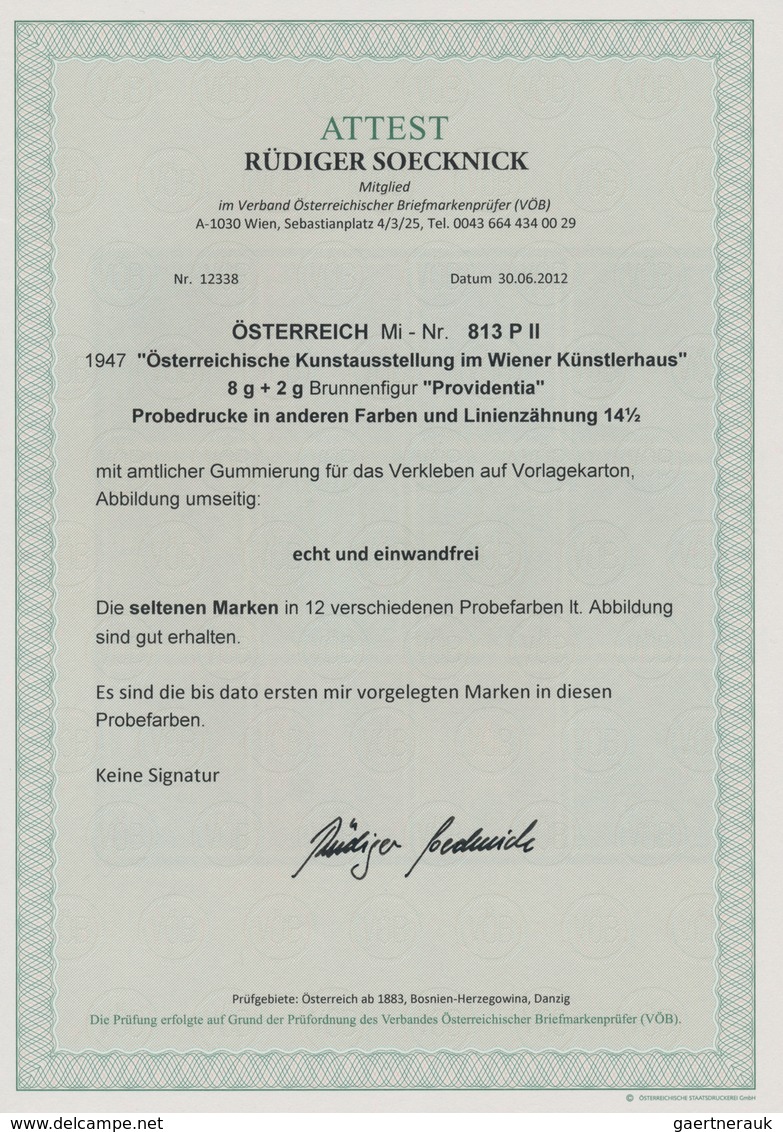 Österreich: 1947, 8 Gr. + 2 Gr. "Kunstausstellung", 23 (meist) verschiedene Farbproben in Linienzähn