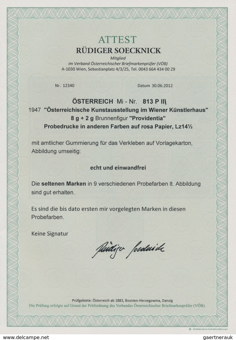 Österreich: 1947, 8 Gr. + 2 Gr. "Kunstausstellung", 18 (meist) verschiedene Farbproben in Linienzähn