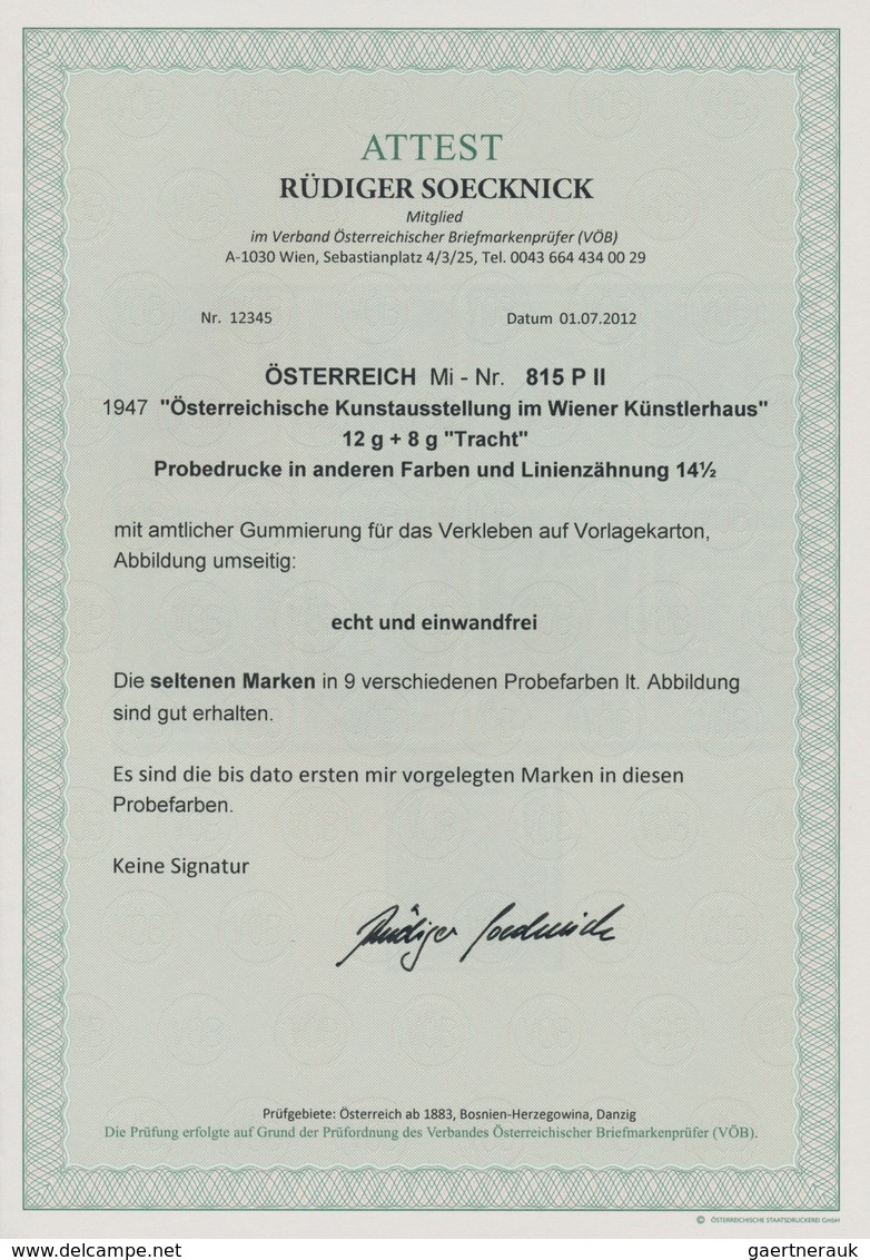 Österreich: 1947, 12 Gr. + 8 Gr. "Kunstausstellung", 18 verschiedene Farbproben in Linienzähnung 14½