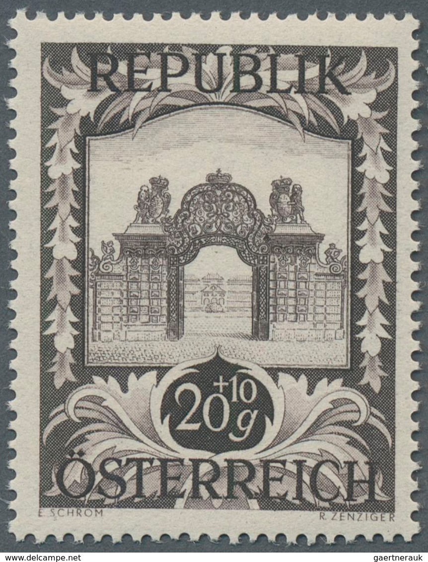 Österreich: 1947, 20 Gr. + 10 Gr. "Kunstausstellung", 21 (meist) verschiedene Farbproben in Linienzä