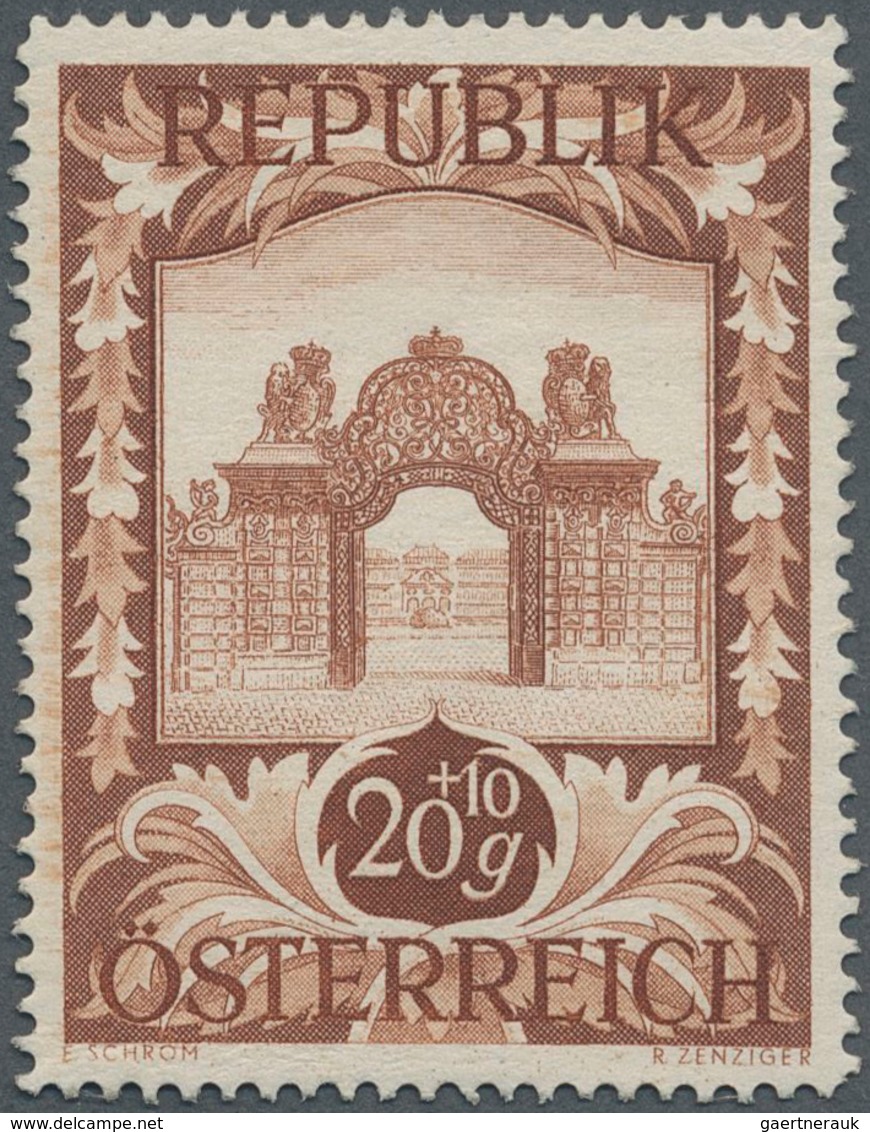 Österreich: 1947, 20 Gr. + 10 Gr. "Kunstausstellung", 21 (meist) verschiedene Farbproben in Linienzä