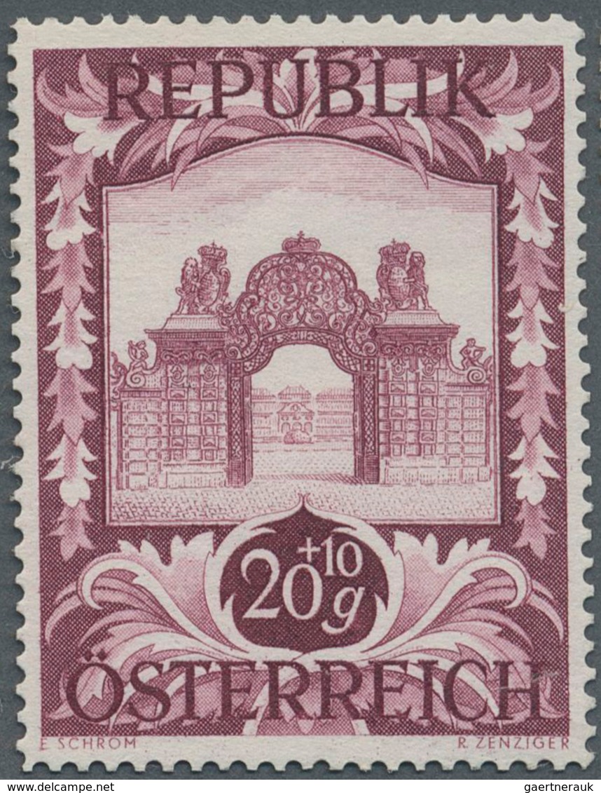 Österreich: 1947, 20 Gr. + 10 Gr. "Kunstausstellung", 21 (meist) verschiedene Farbproben in Linienzä