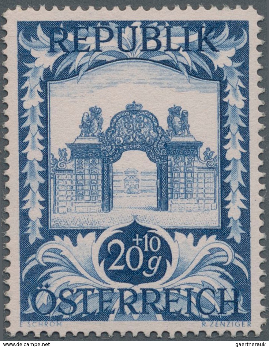 Österreich: 1947, 20 Gr. + 10 Gr. "Kunstausstellung", 18 (meist) verschiedene Farbproben in Linienzä