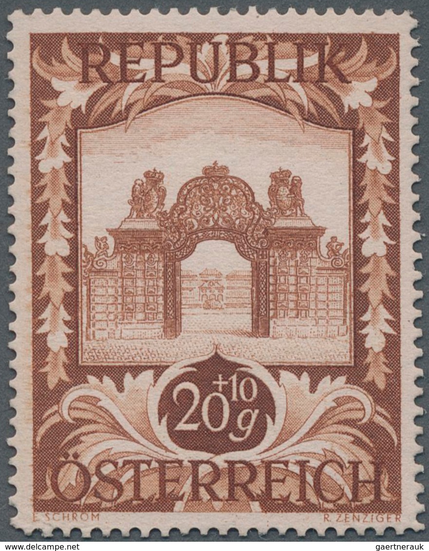 Österreich: 1947, 20 Gr. + 10 Gr. "Kunstausstellung", 18 (meist) verschiedene Farbproben in Linienzä