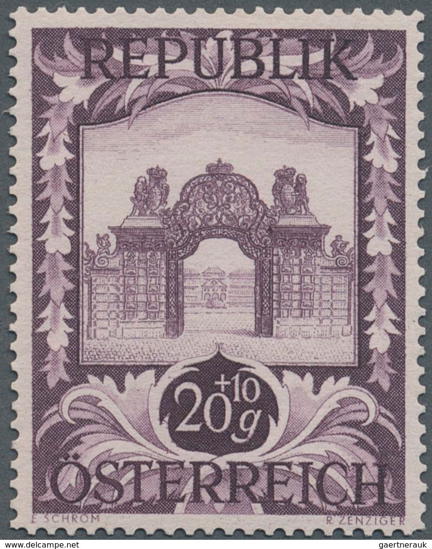 Österreich: 1947, 20 Gr. + 10 Gr. "Kunstausstellung", 18 (meist) verschiedene Farbproben in Linienzä