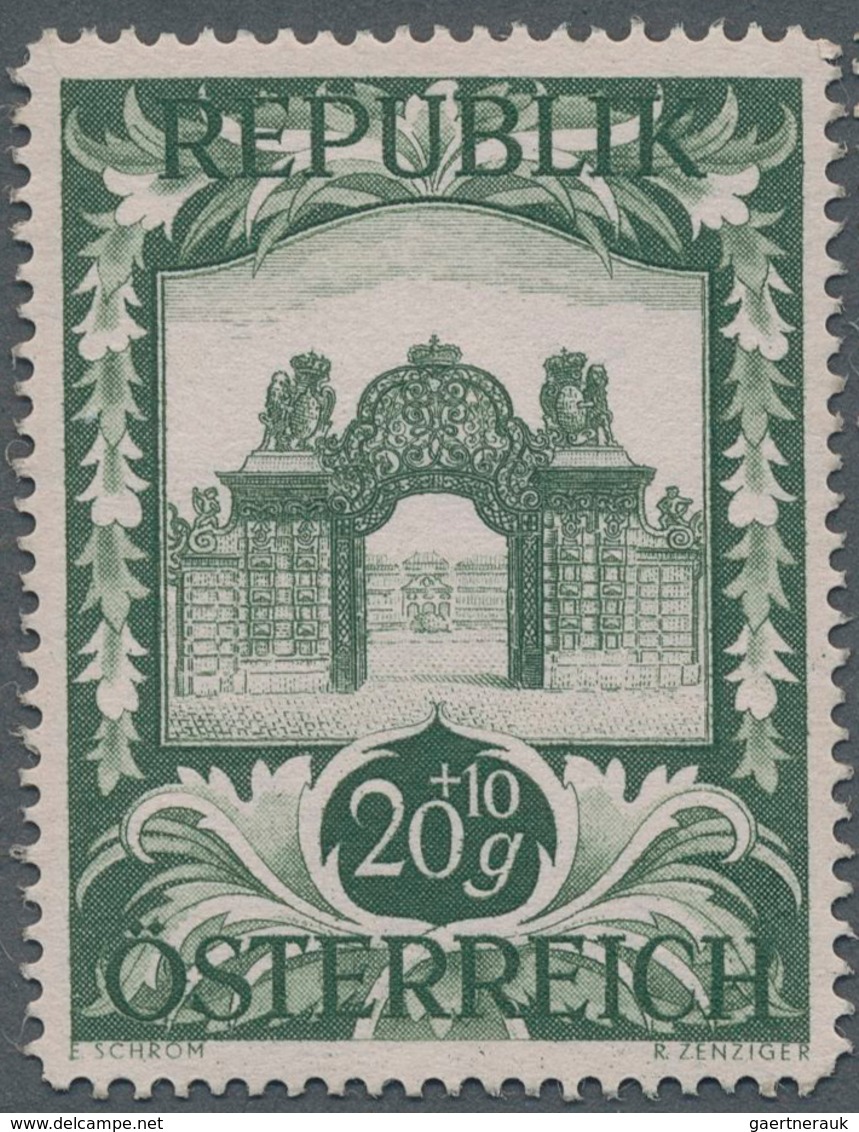 Österreich: 1947, 20 Gr. + 10 Gr. "Kunstausstellung", 18 (meist) verschiedene Farbproben in Linienzä