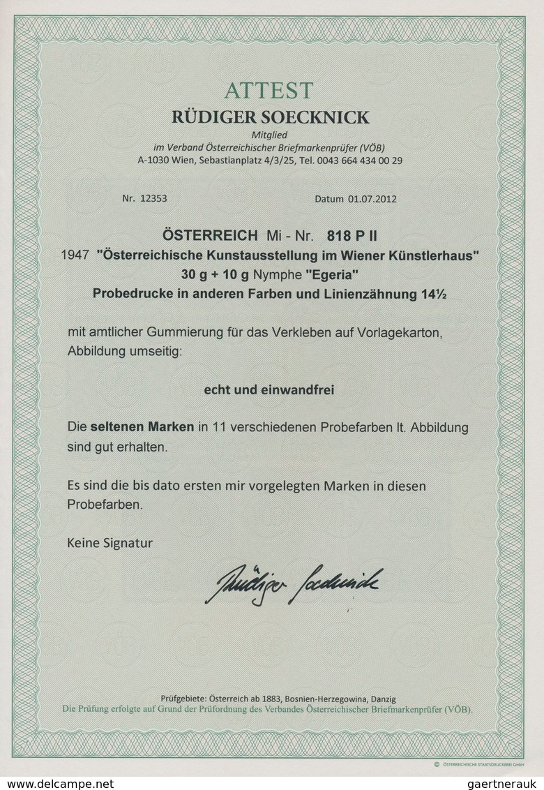 Österreich: 1947, 30 Gr. + 10 Gr. "Kunstausstellung", 22 verschiedene Farbproben in Linienzähnung 14