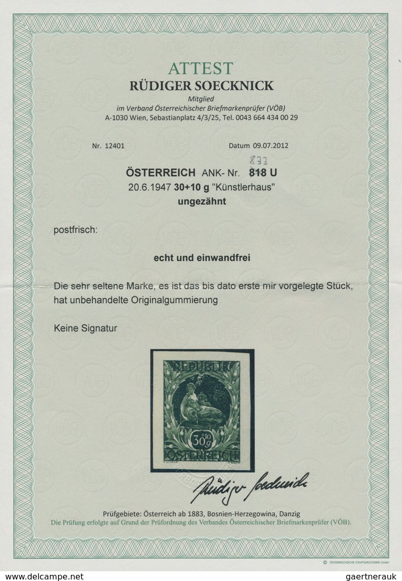 Österreich: 1947, 30 Gr. + 15 Gr. "Kunstausstellung" Ungezähnt, Postfrisch, Signum. Fotoattest Soeck - Other & Unclassified