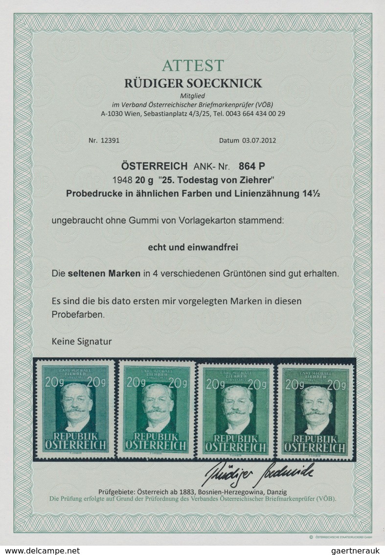 Österreich: 1948, 20 Gr. "Carl Michael Ziehrer", Vier Farbproben In Verschiedenen Grüntönen, Auf Ung - Sonstige & Ohne Zuordnung