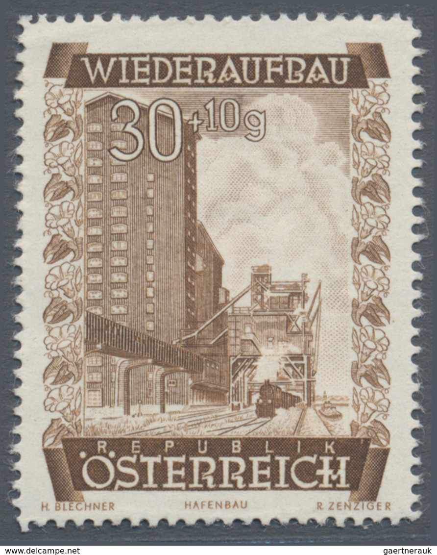 Österreich: 1948, 30 Gr. + 10 Gr. "Wiederaufbau", 15 (meist) verschiedene Farbproben in Linienzähnun