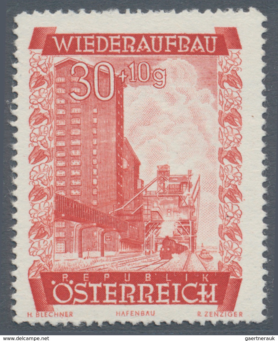 Österreich: 1948, 30 Gr. + 10 Gr. "Wiederaufbau", 15 (meist) verschiedene Farbproben in Linienzähnun