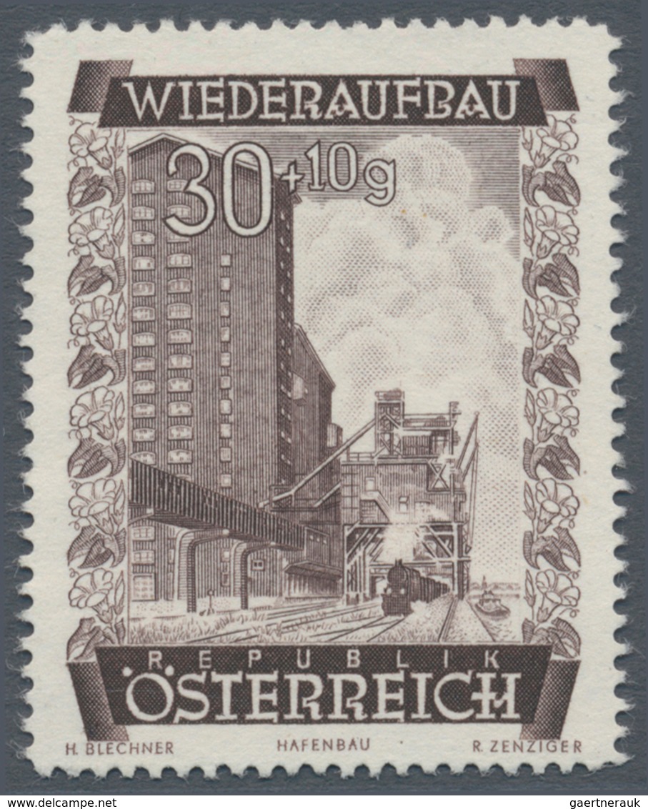 Österreich: 1948, 30 Gr. + 10 Gr. "Wiederaufbau", 15 (meist) verschiedene Farbproben in Linienzähnun