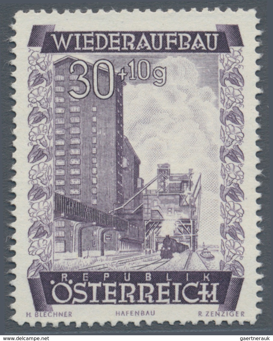 Österreich: 1948, 30 Gr. + 10 Gr. "Wiederaufbau", 15 (meist) verschiedene Farbproben in Linienzähnun