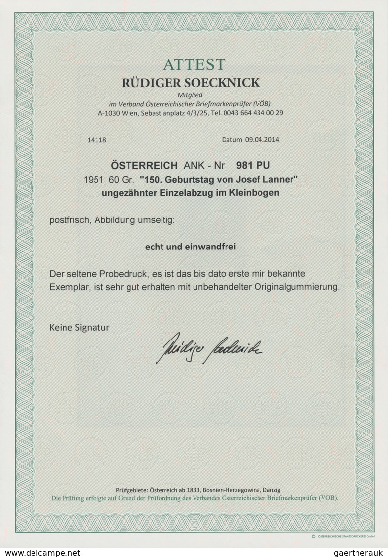 Österreich: 1951, 60 Gr. "Josef Lanner", Einzelabzug In Verausgaber Zeichnung Und Farbe Auf Gummiert - Sonstige & Ohne Zuordnung