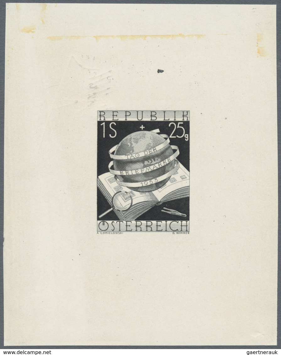 Österreich: 1953, 1 Sch. + 25 Gr. "Tag der Briefmarke", vier Phasendrucke in Schwarz (1.+2. Phase so