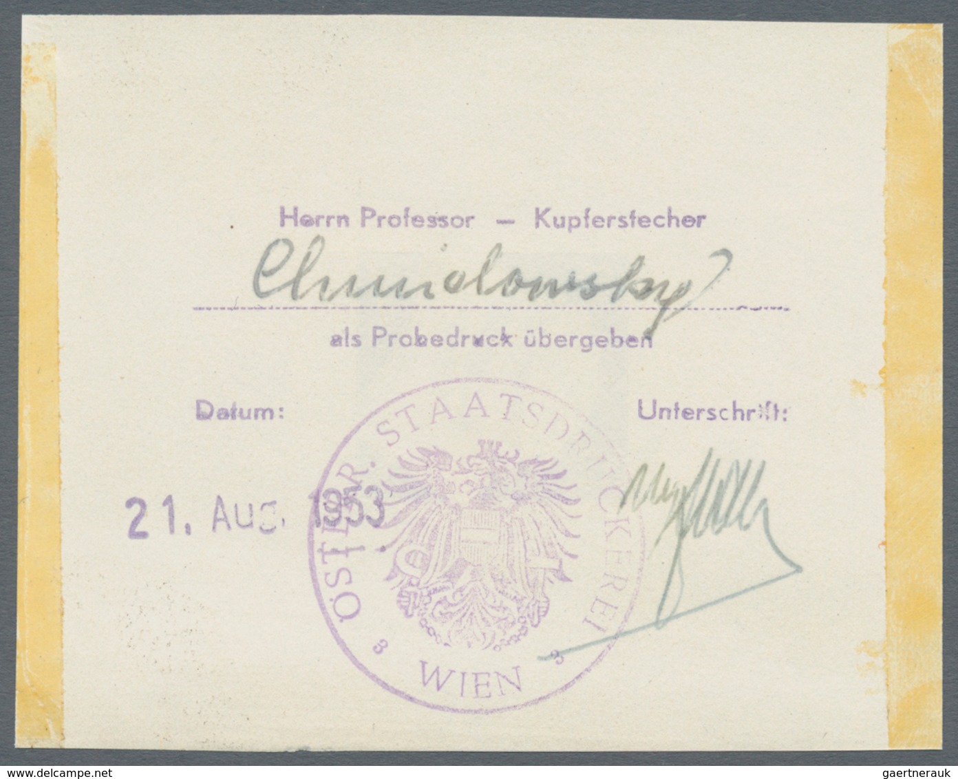 Österreich: 1953, 1 Sch. + 25 Gr. "Tag der Briefmarke", vier Phasendrucke in Schwarz (1.+2. Phase so