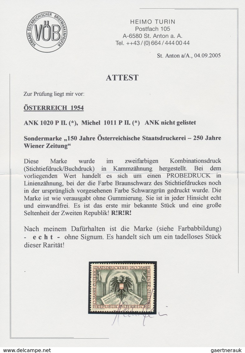 Österreich: 1954, 1 Sch. "Staatsdruckerei", Farbprobe In Schwarzgrün Statt Braunschwarz, In Linienzä - Sonstige & Ohne Zuordnung