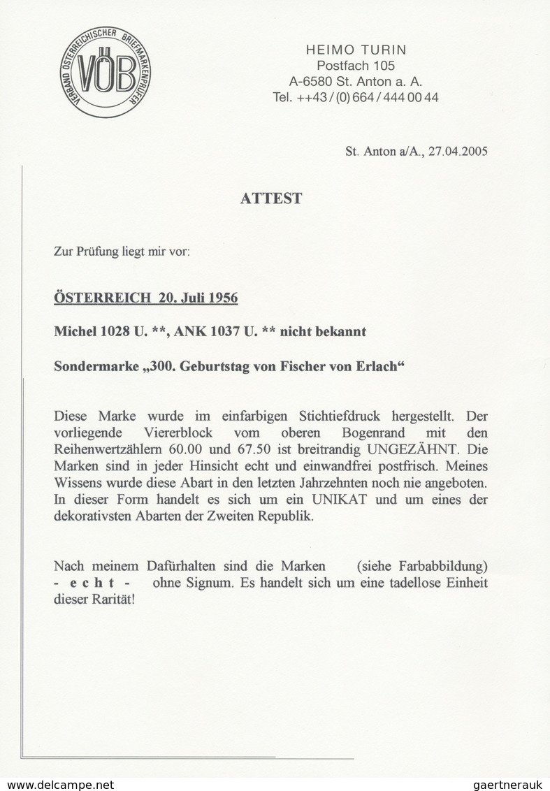 Österreich: 1956. Johann Bernhard Fischer Von Erlach, 300. Geb., Mit Der Abart "Ungezähnt" Im Postfr - Other & Unclassified