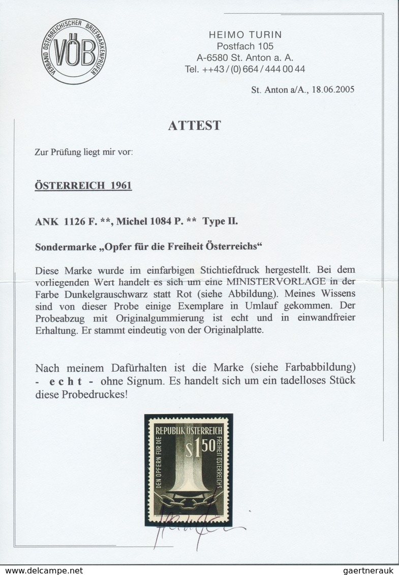 Österreich: 1961, 1.50 Sch. "Opfer-Gedenken", Probedruck In Schwarz Auf Gummiertem Papier, Postfrisc - Sonstige & Ohne Zuordnung