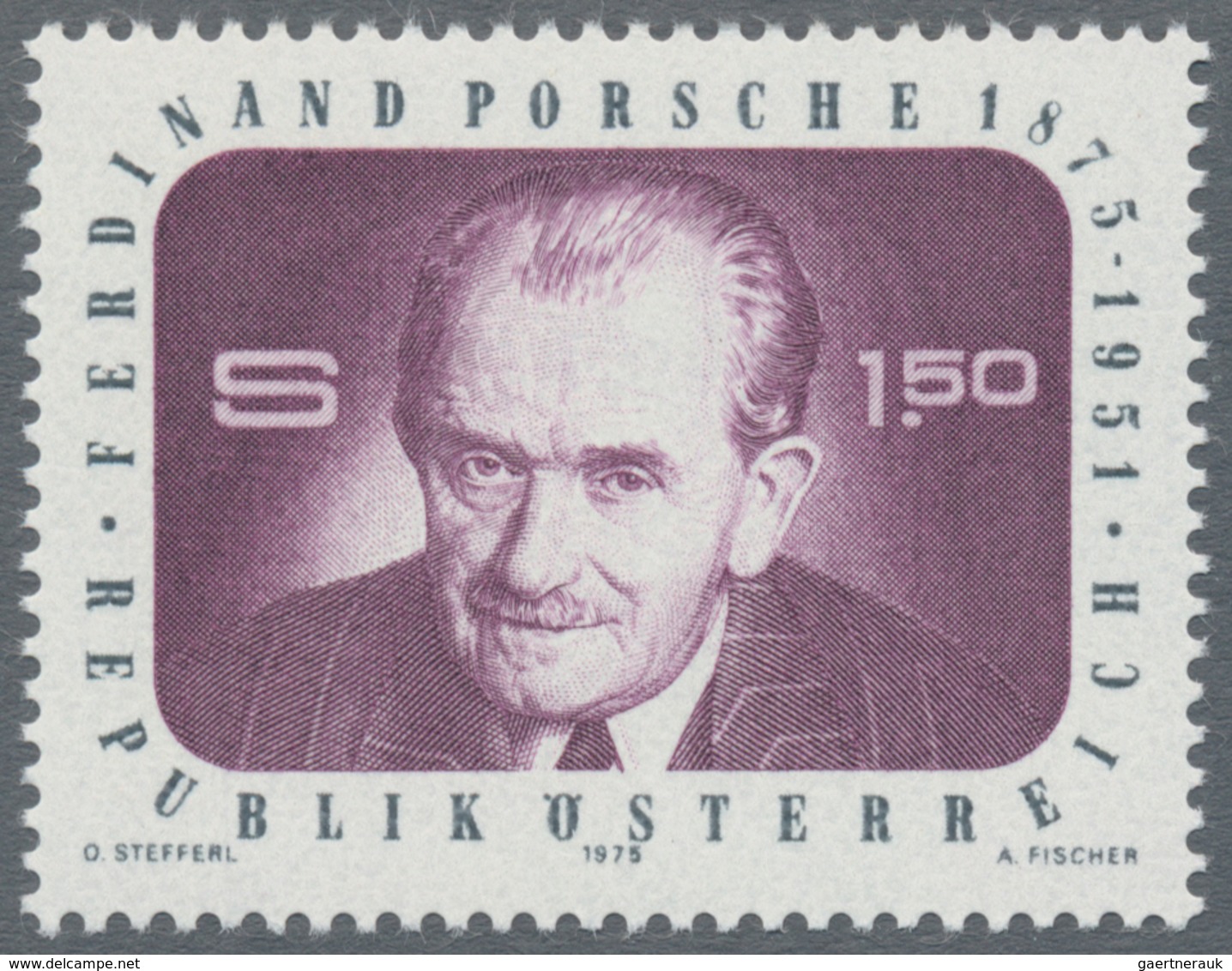 Österreich: 1975, 1.50 Sch. "Ferdinand Porsche", drei Phasendrucke in Schwarz, je Einzelabzug im Kle