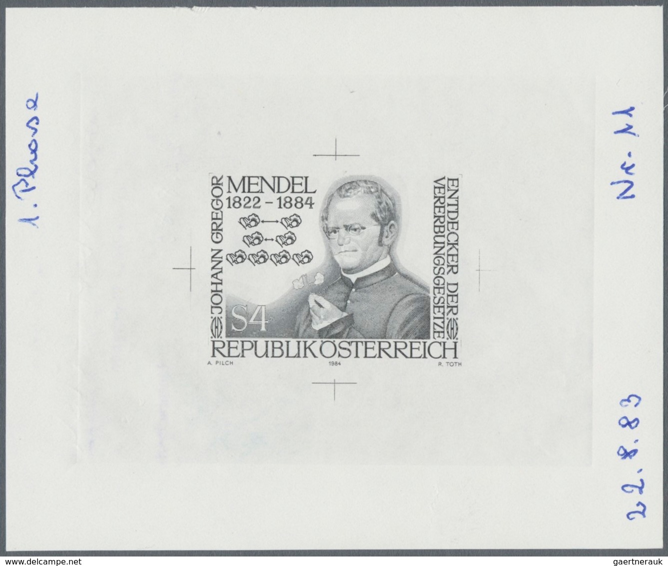 Österreich: 1984, 4 Sch. "Gregor Mendel", Drei Phasendrucke In Schwarz (1.-3. Phase), Je Einzelabzug - Sonstige & Ohne Zuordnung