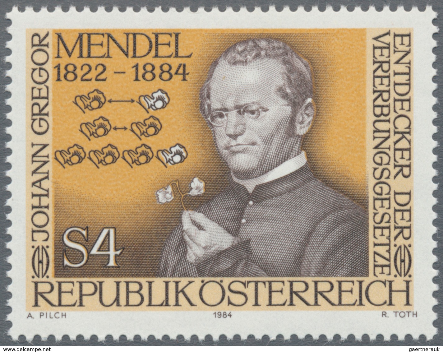 Österreich: 1984, 4 Sch. "Gregor Mendel", drei Phasendrucke in Schwarz (1.-3. Phase), je Einzelabzug