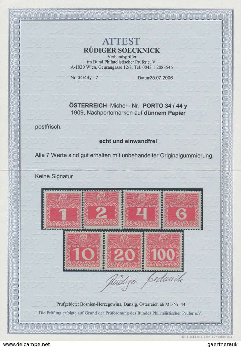 Österreich - Portomarken: 1909, 1 H. bis 100 H., dünnes, fast durchsichtiges Papier, komplette Serie