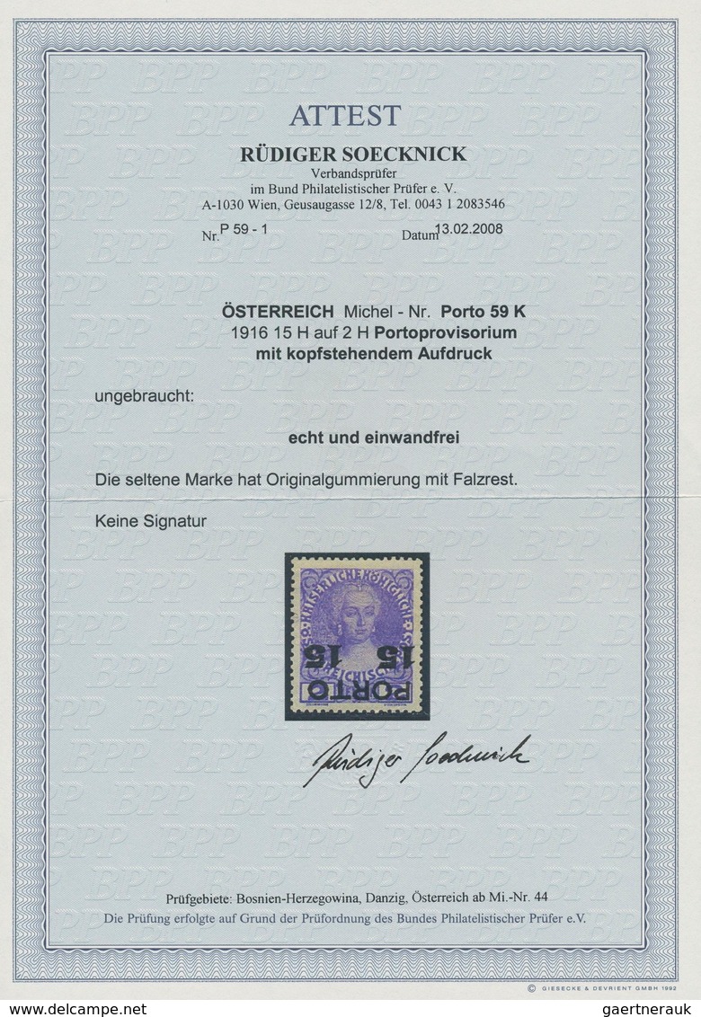 Österreich - Portomarken: 1916, 15 H. Auf 2 H. Violett Mit Kopfstehendem Aufdruck, Ungebraucht Mit O - Postage Due