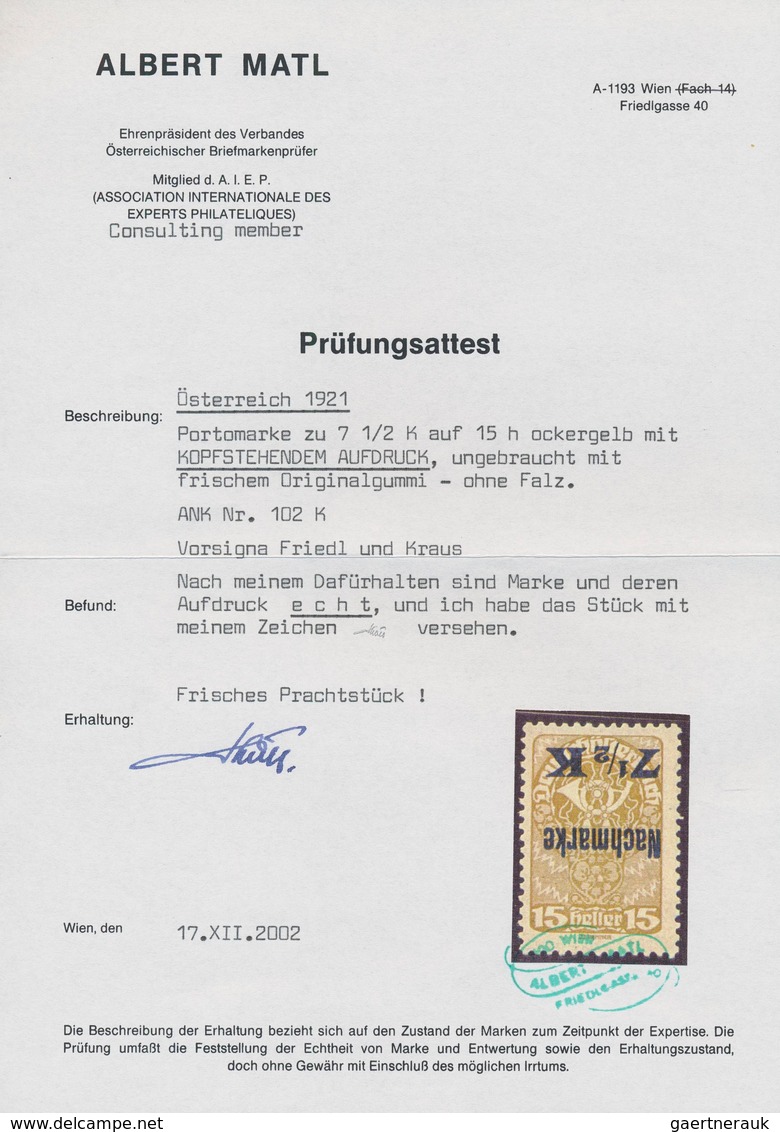 Österreich - Portomarken: 1921, 7½ Kr. Auf 15 H. Dunkelocker Mit Kopfstehendem Aufdruck, Ungebraucht - Postage Due