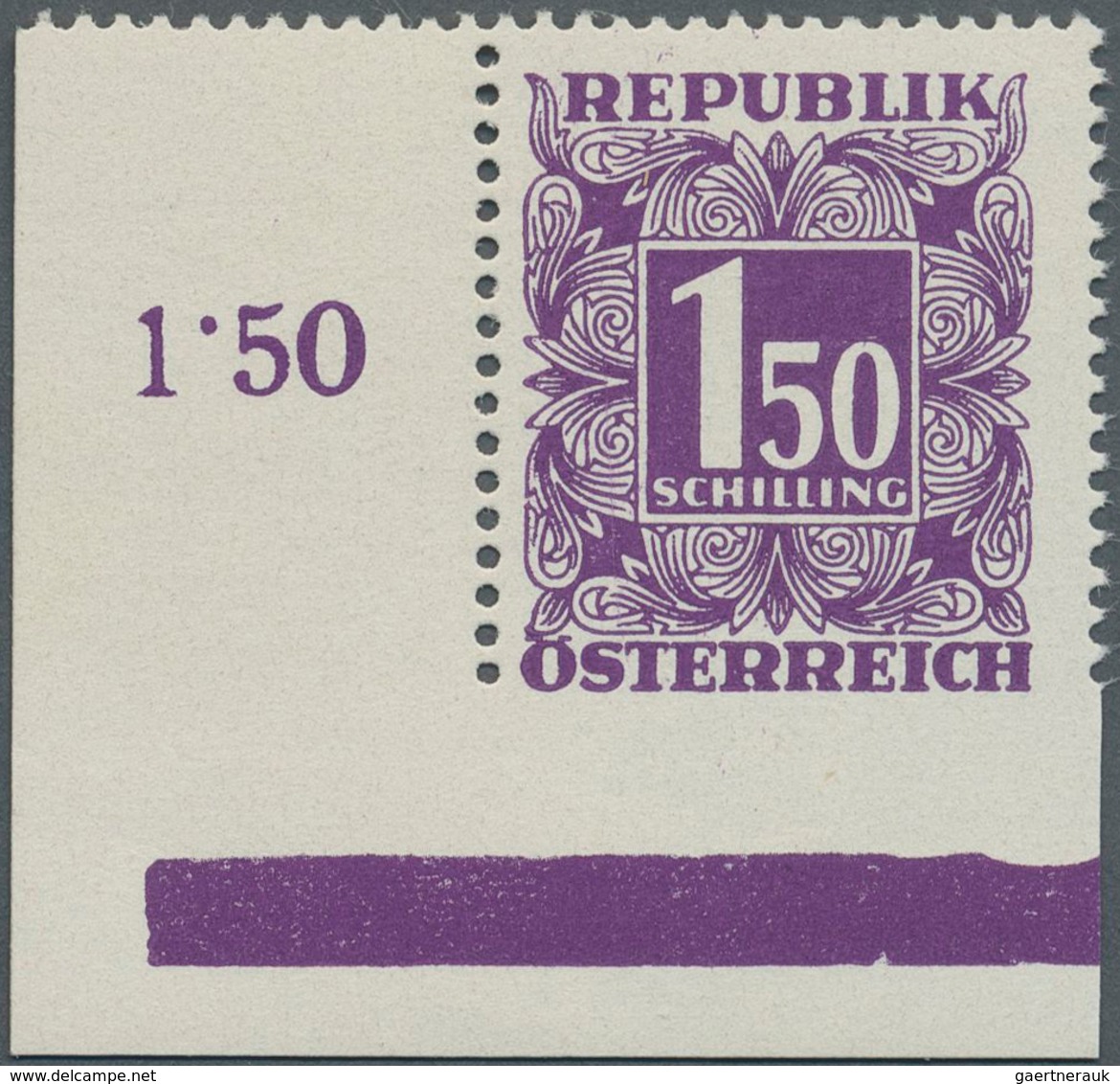 Österreich - Portomarken: 1949, Ziffern 1.50 Sch. Violett Aus Der Bogenecke Links Unten Mit Abart "u - Portomarken
