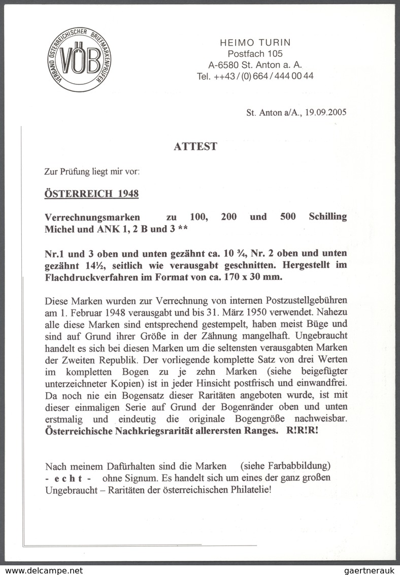 Österreich - Verrechnungsmarken: 1948, 100 Schilling, 200 Schilling und 300 Schilling Verrechnungsma