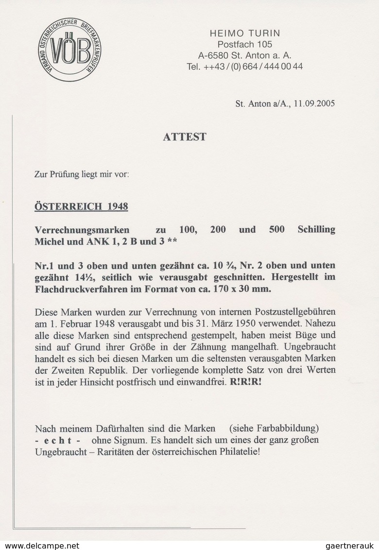 Österreich - Verrechnungsmarken: 1948, 100 Sch., 200 Sch. gez. 14½ und 300 Sch., alle drei Werte in