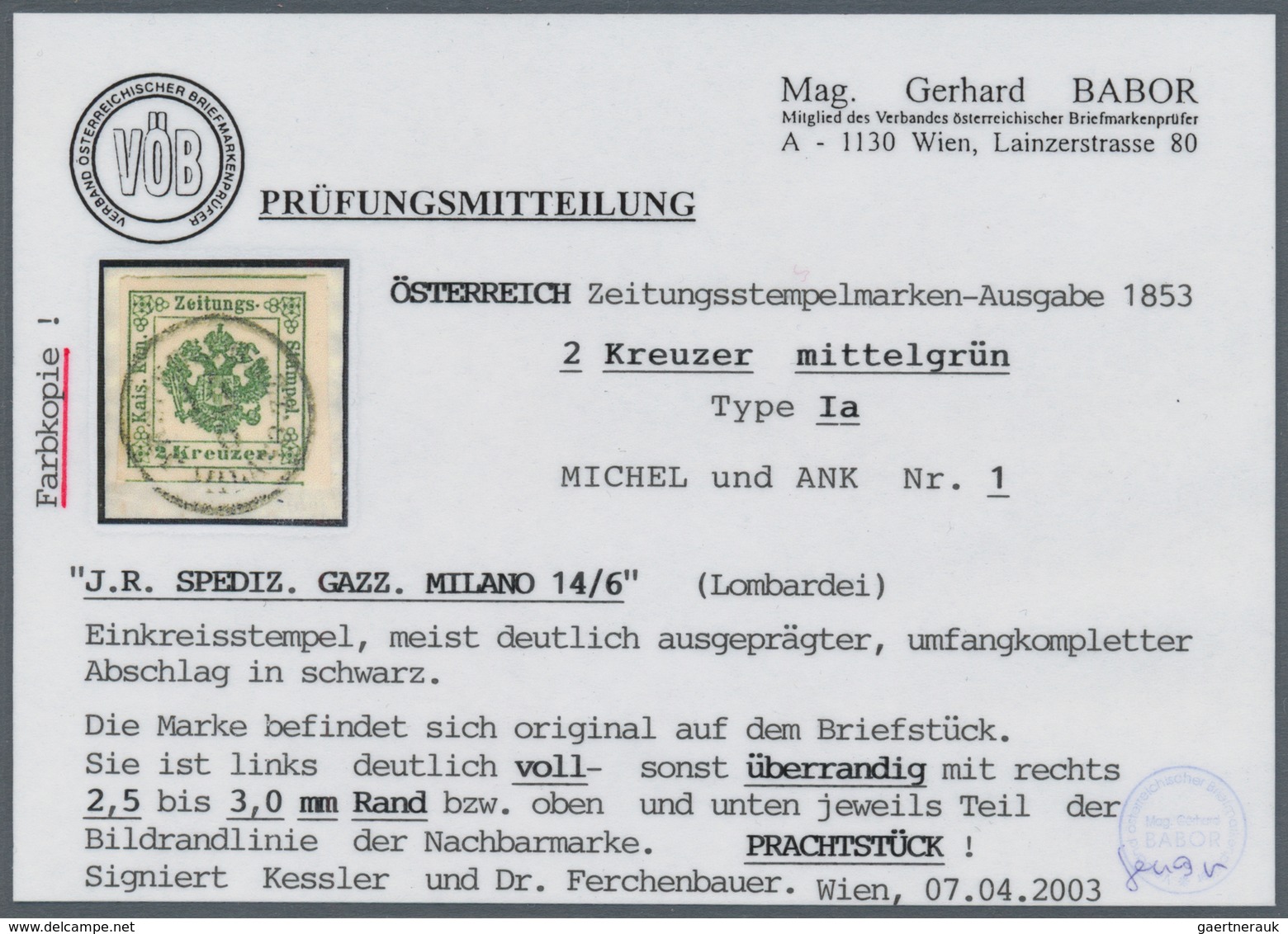 Österreich - Zeitungsstempelmarken: 1853, 2 Kreuzer Mittelgrün, Type I A, Allseits Voll- Bis überran - Newspapers