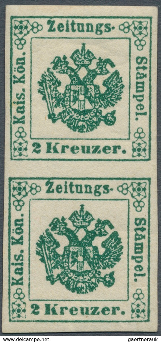 Österreich - Zeitungsstempelmarken: 1853, 2 Kreuzer Tiefgrün, Type I B, Senkrechtes Paar, Allseits B - Zeitungsmarken