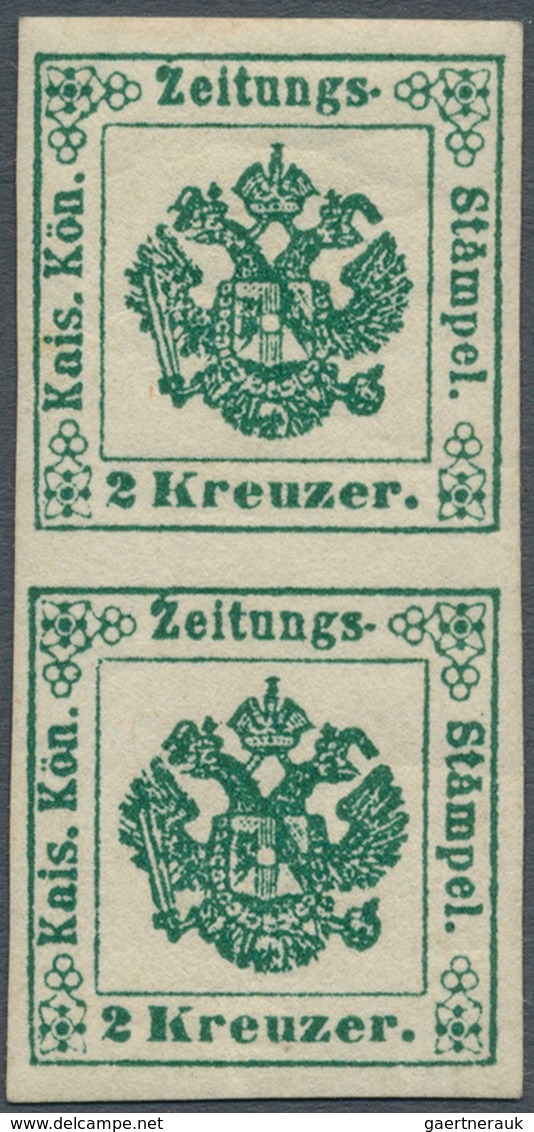 Österreich - Zeitungsstempelmarken: 1853, 2 Kreuzer Tiefgrün, Type I B, Senkrechtes Paar, Allseits B - Newspapers