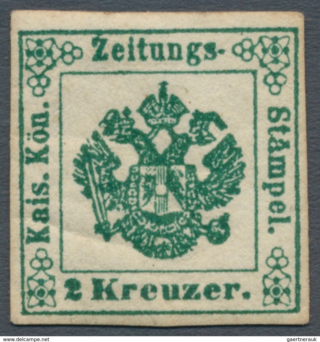 Österreich - Zeitungsstempelmarken: 1853, 2 Kreuzer Tiefgrün, Type I B, Dreiseits Voll-, Oben Breitr - Newspapers