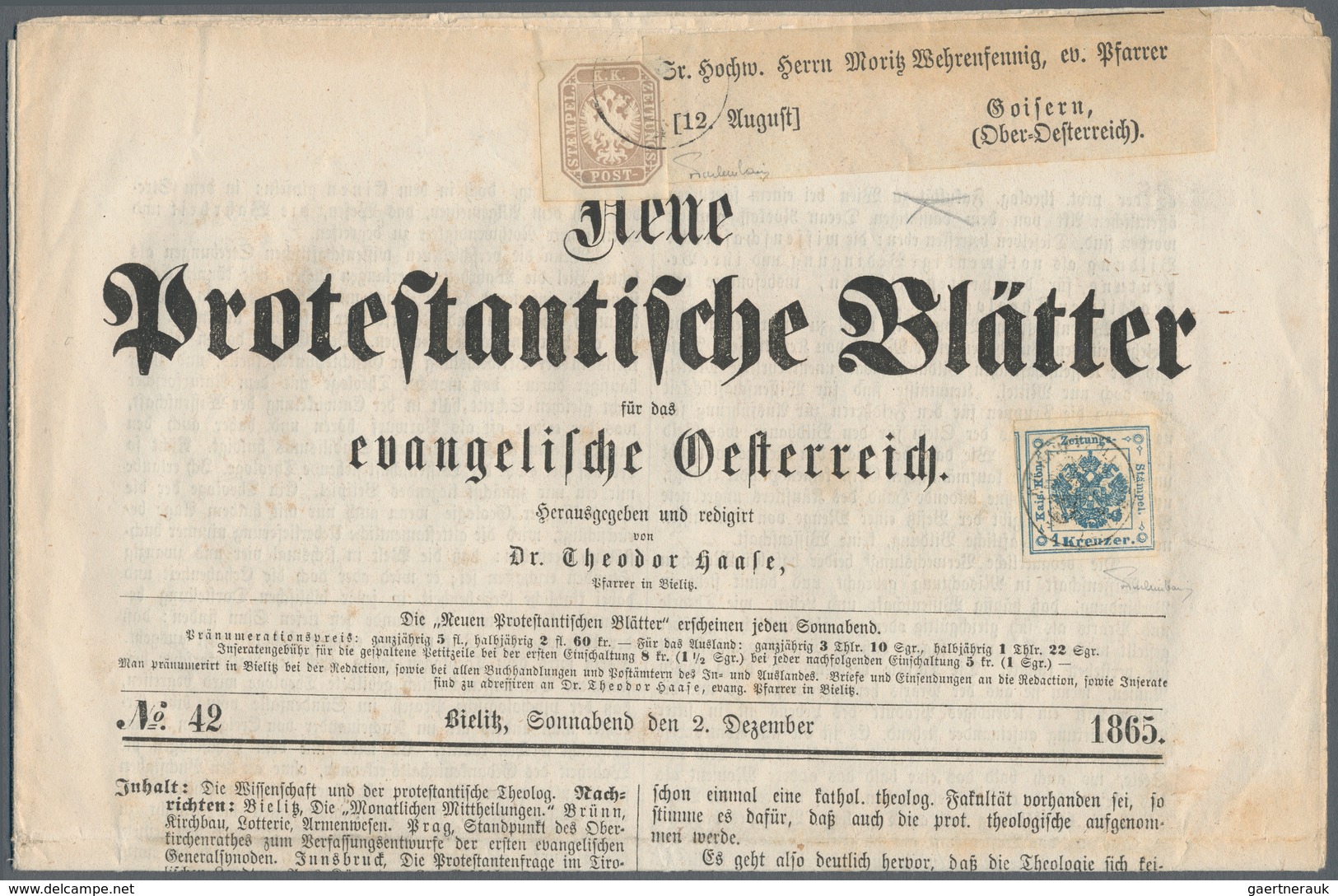 Österreich - Zeitungsstempelmarken: 1877, Zeitungsstempelmarke 1 Kreuzer Blau, Type II B, Allseits V - Newspapers