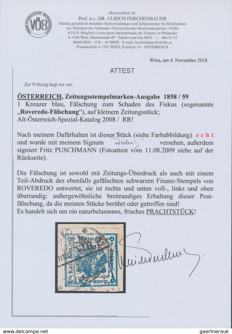 Österreich - Zeitungsstempelmarken: 1858/1859, 1 Kreuzer Blau, Sogenannte "ROVERETO-FÄLSCHUNG", Rech - Newspapers