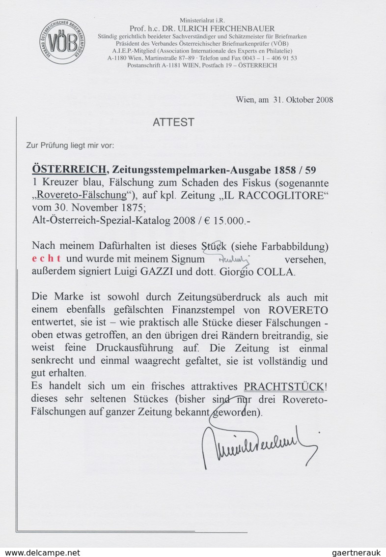 Österreich - Zeitungsstempelmarken: 1858/1859, 1 Kreuzer Blau, Sogenannte "ROVERETO-FÄLSCHUNG", Drei - Newspapers