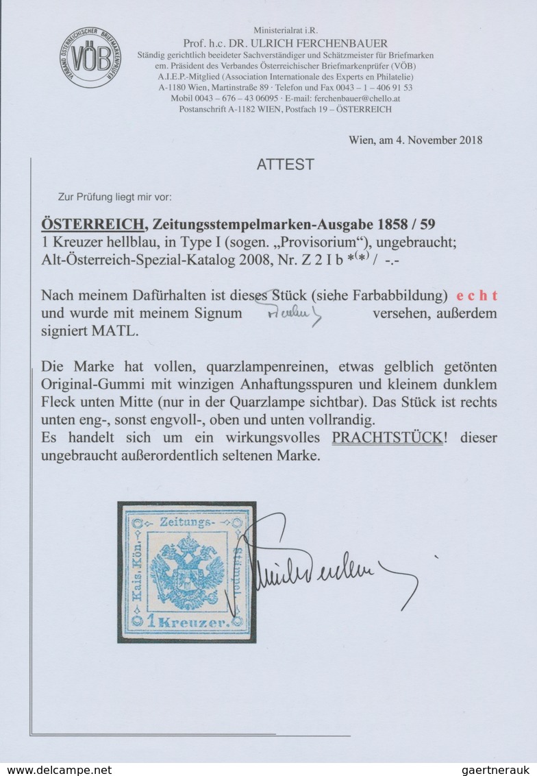 Österreich - Zeitungsstempelmarken: 1859, 1 Kreuzer Hellblau, Type I (sogenanntes "Provisorium"), Re - Newspapers